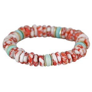 Akola Egypt Glass Bone Beaded Stretch Bracelet Red White Light Blue